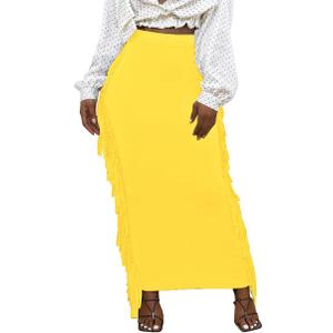 Lrady Women's Elastic Waist Slim Bodycon Side Tassels Long Maxi Pencil Skirts (XX-Large, Yellow)