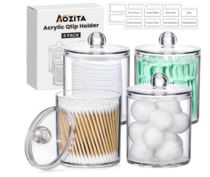 4 Pack Acrylic Qtip Holder Dispenser for Cotton Swabs, Balls, Pads, Floss Picks- Small Clear Acrylic Canister Apothecary Jar Set, Bathroom Essentials Accessories Decor, Vanity Makeup Storage Organizer