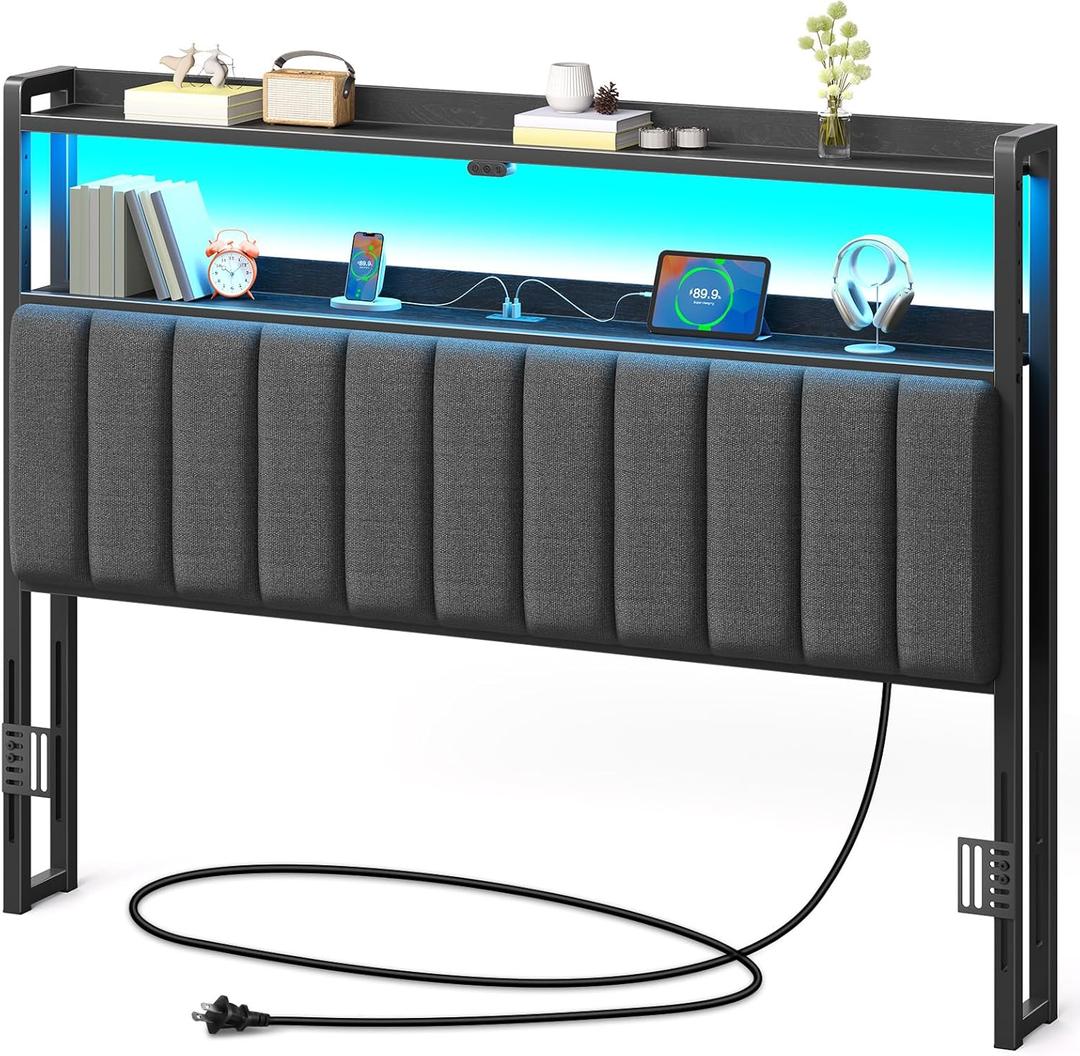 Rolanstar Headboard for Queen Size Bed with Storage, 60,000 DIY Color of LED Light, Head Board with USB & Type C Port, Height Adjustable, Black Upholstered Cabeceras de Cama Comfortable Modern, Linen