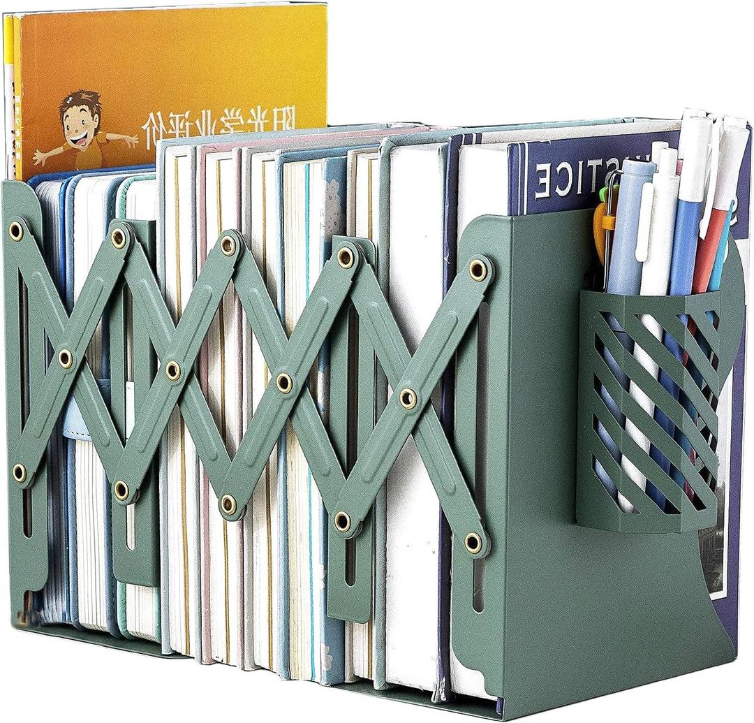 Metal Iron Book Ends Adjustable Bookends for Heavy Book Holder Heavy Duty Bookends Nonskid Bookcase Desktop Book Organizer Binder Holder (Green)