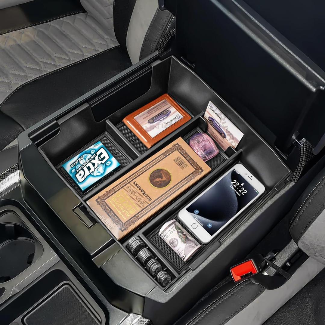 RUNROAD Center Console Organizer Tray Compatible with 2023 2024 2025 2026 Ford F250 F350 F450 F550 Accessories, Armrest Storage Organizer F250 Accessories Dividers (Full Console w/Bucket Seats ONLY)