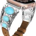 Minyee Leather Band Compatible with Apple Watch Band Women 42/46/38/40/41/44/45/49mm, Boho Western Turquoise Vintage Cowboy Retro Adjustable Strap for iWatch Series 11 10 9 SE 8 7 6 5 4 3 2 1 Ultra