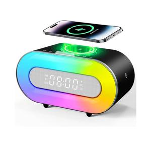 NOTIKS Bluetooth Speaker with Wireless Charger 15W, Adjustable Ambient Beside Lamp, Dual Wireless Speaker and LED Night Light, 4000mAh Battery, Bluetooth Clock for Bedroom, Gifts for Adults or Teens
