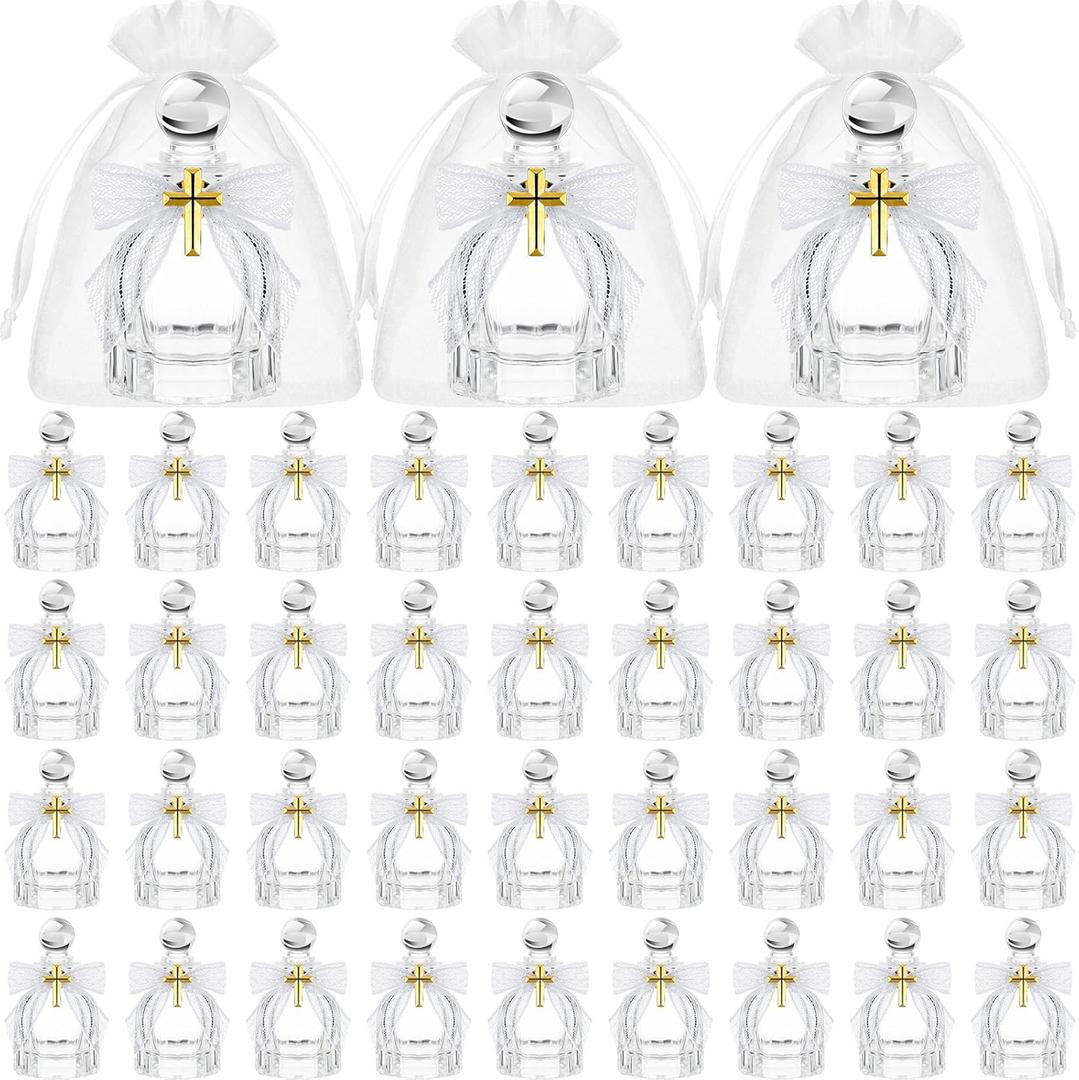 Newtay Holy Water Bottles Catholic Bulk Glass Baptism Favors for Guests Christian Water Container with Cross Organza Bags Bow for Holy Communion Gifts Church Wedding Baptism(White,48 Set)