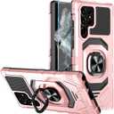 Heavy Duty Protection Case for Samsung Galaxy S22 Ultra Phone Case with Built-in Screen Protector, Military Grade Shockproof 360 Degree Metall Ring Kickstand Travel Cover Shell (Pink)