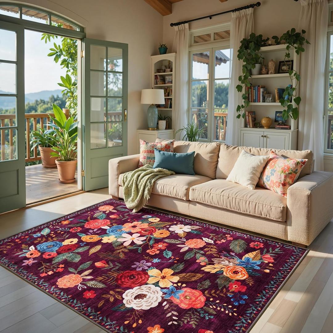 Living Room Rugs, Area Rugs 5x7 for Bedroom Ultra-Thin Soft, Non-Slip Washable Stain Resistant Boho Low-Pile Throw Rug for Dining Room Office, Purple