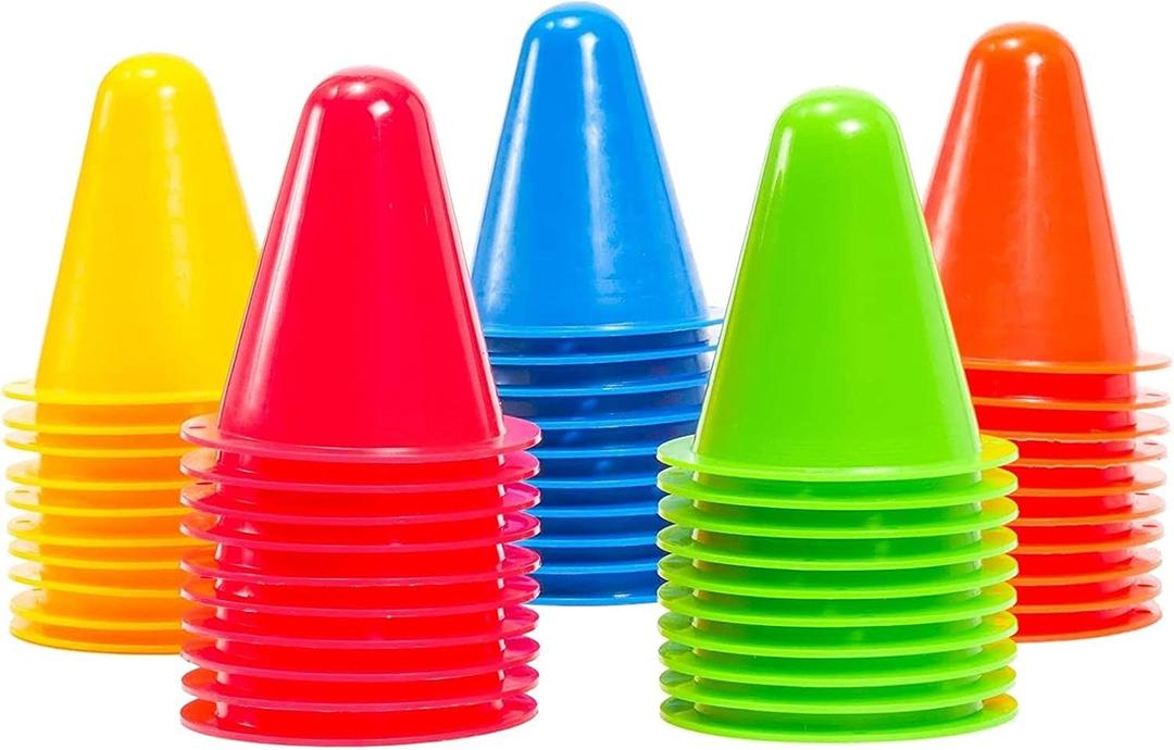 Juvale 50 Pack Mini Cones for Classroom, Traffic Cones, Sports Cones for Soccer, Basketball, Football, Agility, and Footwork Training, Indoor and Outdoor (Assorted Colors)