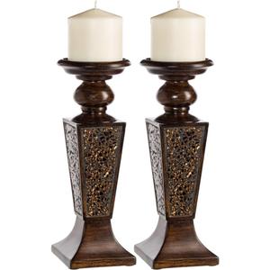 Creative Scents Schonwerk Brown Pillar Candle Holder Set of 2- Crackled Mosaic Design- Functional Table Decorations- Centerpieces for Dining/Living Room- Best Wedding Gift