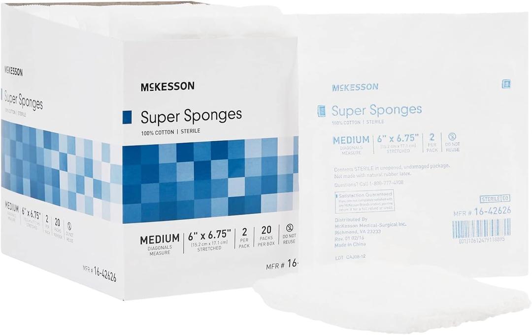 McKesson Super Sponges, Sterile, 100% Cotton, Fluff Dressing, 6 in x 6 3/4 in, 2 per Pack, 20 Packs, 40 Total