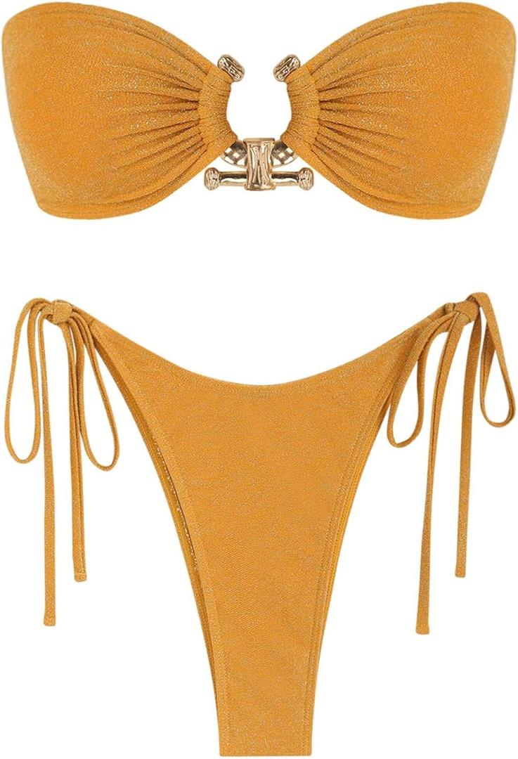 ZAFUL Metal Ring Bandeau Bikini Set Tie Side Bathing Suit High Cut 2 Piece Swimsuit Cutout Swimwear (Small, Shiny Gold Yellow)