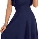 LYANER Women's Warp V Neck Ruffle Short Sleeve A Line Swing Flared Cocktail Party Midi Dress (Pure Dark Blue)
