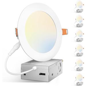 Amico 6 Pack 5 Inch 5CCT Ultra-Thin LED Canless Recessed Ceiling Light with Junction Box, 2700K/3000K/3500K/4000K/5000K Selectable, 11W=75W, 900LM High Brightness, Dimmable Wafer Downlight-ETL&FCC