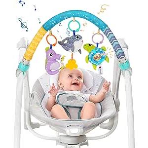 Bestcool Pram Toys for Babies, Clip on Activity Pram Arch Pushchair Toys with 3 Sensory Hanging Animals Rattle Music Squeak Crib Mobile Toys Baby Stroller Toy for Newborn Boys Girls Gift (Whale)