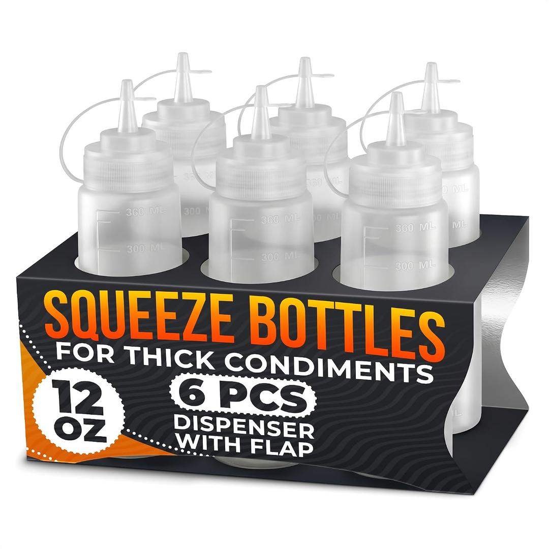 6-Pack Plastic Condiment Squeeze Bottles 12oz Refillable Squirt Bottles with Narrow Tip, Leak-Resistant | Great for Oil, Sauces, Ketchup, Mayonnaise, Syrup, Dressing, BBQ Stations & Catering Use