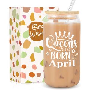 Birthday Gifts for Women, Funny Happy Birthday Glass Cup Tumbler for her, Girlfriend, Friends, Wife, Mom, Bestie, Daughter, Sister, 18oz Unique Can Glass with Straw & Lid, Queens are Born in April