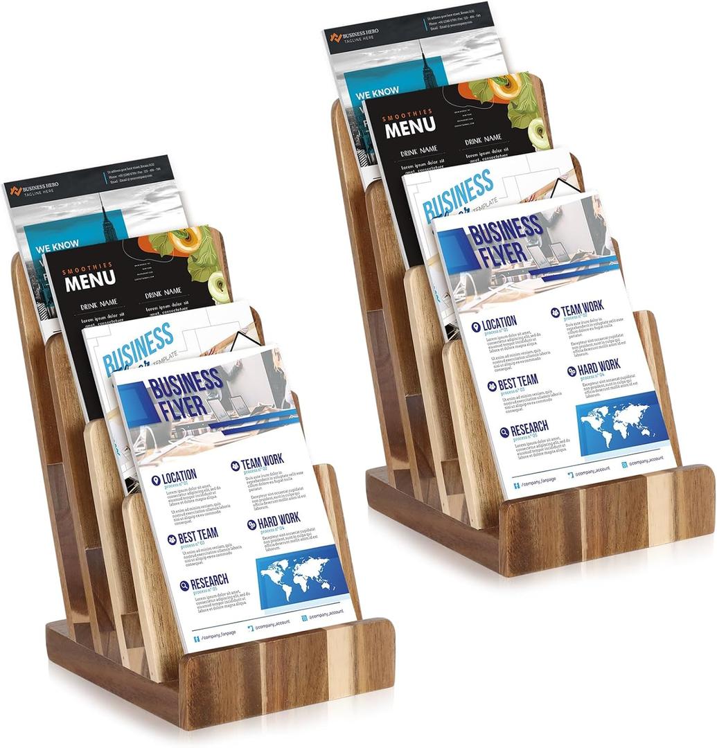2 Pack 4 Tier Acacia Wood Brochure Holder Stand 6 x 9 inchLiterature Holder Flyer holder for 5.5 x 8.5 inch 5 x 7 inch Booklets Pamphlets Menus Magazines Multi Purpose Organizer