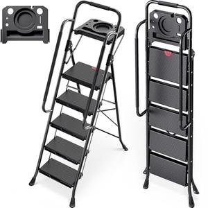 KINGRACK 5 Step Ladder, Folding Step Stool for Adult with Tool Platform, Handrails, Wide Anti-Slip Pedals, Pass 800lbs Load Testing， Portable Safety Step Stool for Home, Kitchen, Black