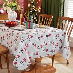 Christmas White Snowman Vinyl Tablecloth with Flannel Backing,Rectangle PVC Table Cloth, Xmas Waterproof Tablecloths for Dining Kitchen Winter Holiday, Festival New Year Party Decor, 60102 Inches