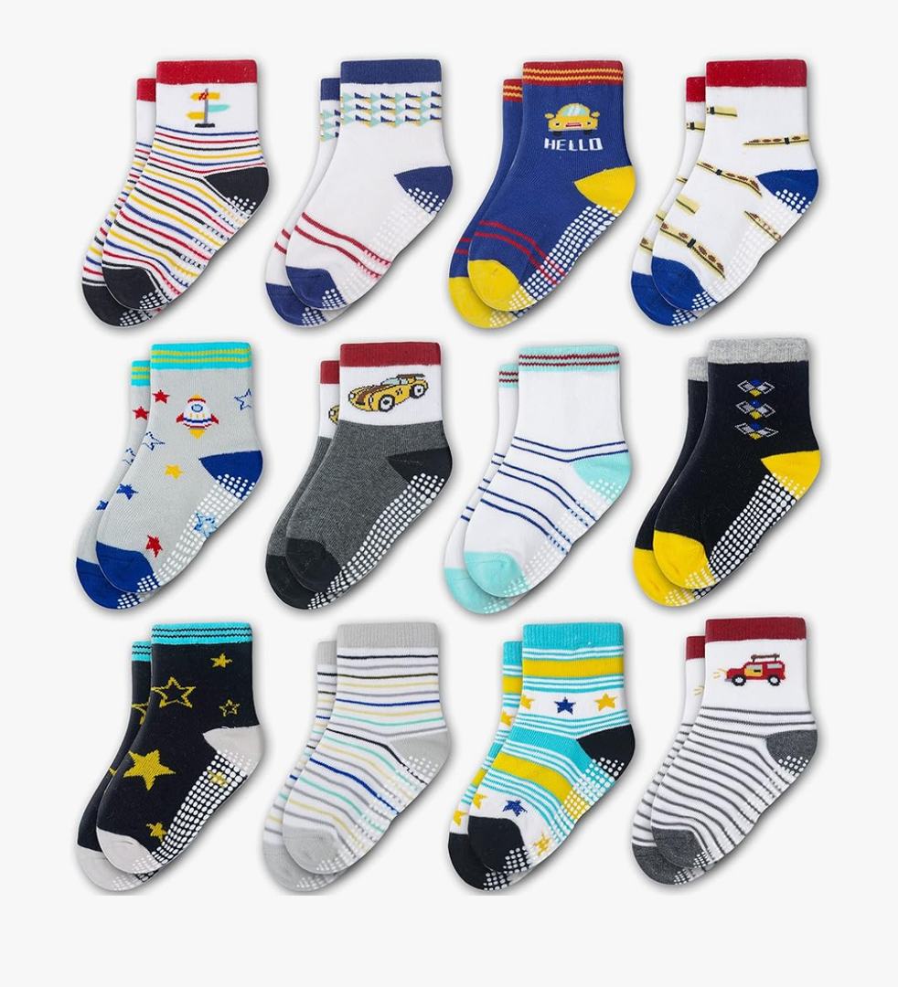 Evercute Toddler Girls Grip Socks 12 Pack Boys Non Slip Socks for Kids Anti Skid, Size 1-3 T