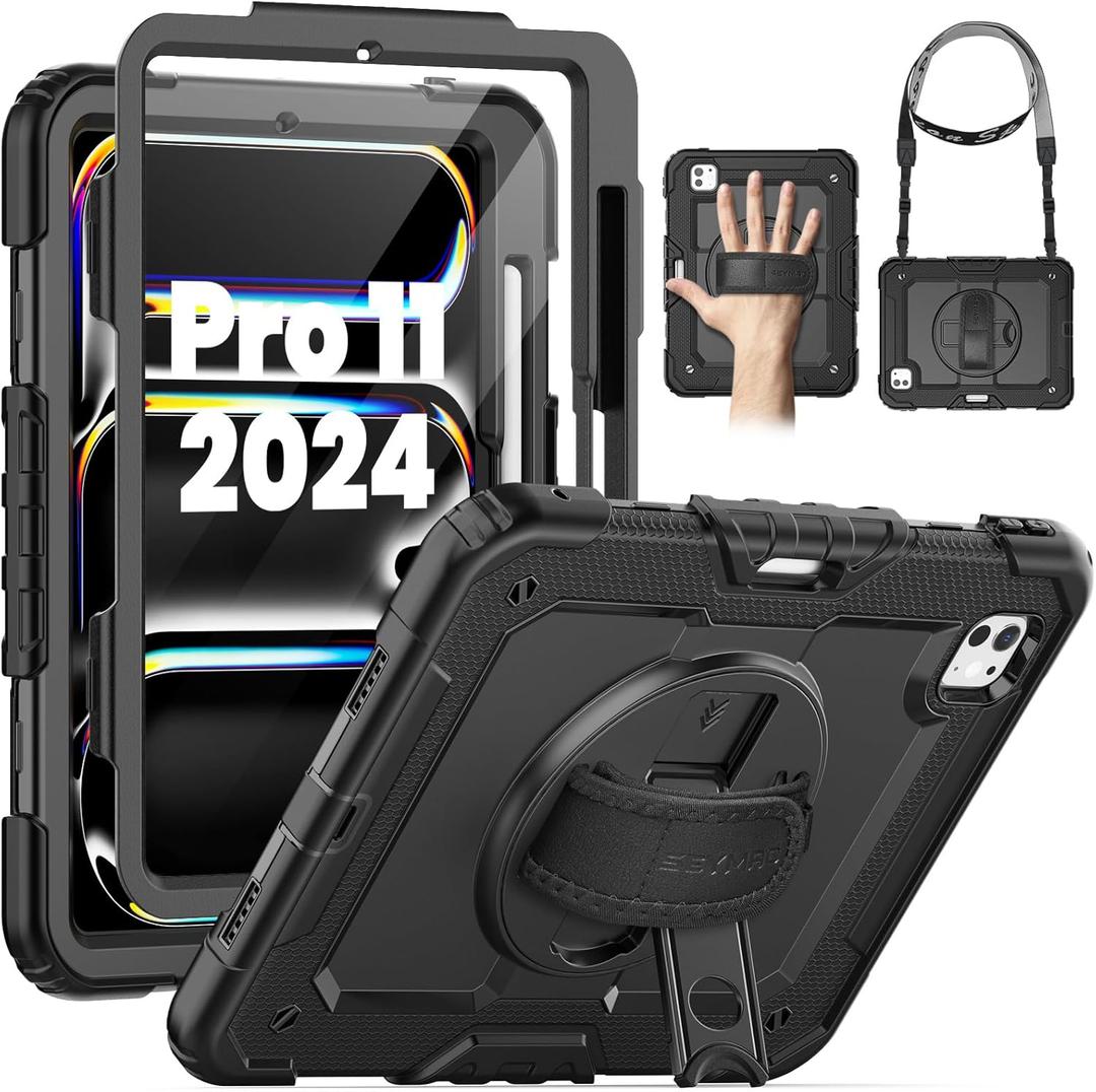 SEYMAC for iPad Pro 11 Inch Case 2024 (M4), Heavy Duty Shockproof Protective Case with Screen Protector, 360 Rotating Stand, Hand/Shoulder Strap and Pen Holder for iPad Pro 11 2024, Black