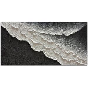 zoinart Hand Painted Black and White Textured Ocean Wave Wall Art 48x24 Inches Abstract Oil Paintings on Canvas Modern Beach Art for Living Room Bedroom Wall Decor