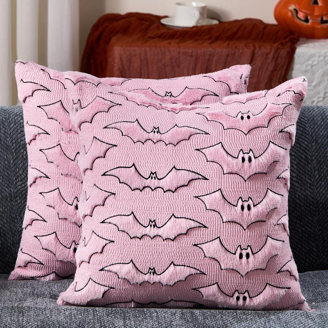 DFXSZ Halloween Pillow Covers 18x18 inch Set of 2 Pink Bat with Black Eyes Throw Pillow Cases Soft Plush Faux Fur Wool Couch Cushion Case for Chair Sofa Bedroom Living Room Home Decor PTK059C18