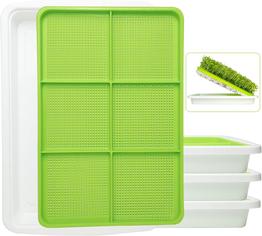 3-Pack Seed Sprouter Tray BPA Free PP Soil-Free Big Capacity Healthy Wheatgrass Grower Sprouting Container Kit (3Packs,Green Mesh Tray with 6 Zone,White Bottom Tray) (3packs Without Lids)
