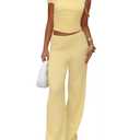 Vest and Pants Set Women - Sexy Pant Sets Women 2 Piece Outfits Off Shoulder Ruched Crop Tops Wide Leg Pantsuits Yellow, Size Medium