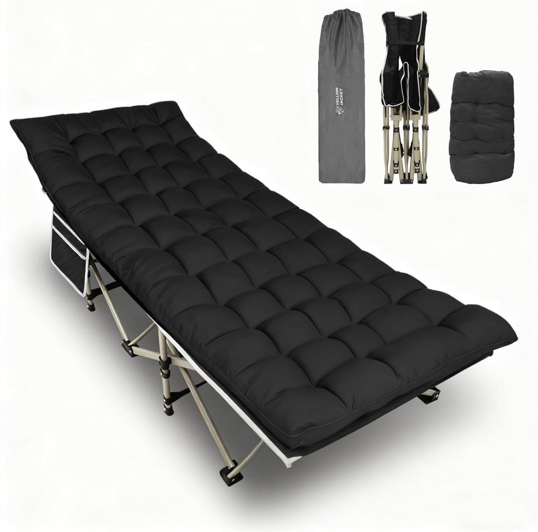 YELLOW JACKET Folding Camping Cot for Adults,600LBS Max Load,28" Wide Sleeping Cot with Removable Thick Mattress Portable Foldable Camping Bed with Carry Bag for Camp,Home,Office,Travel,Black