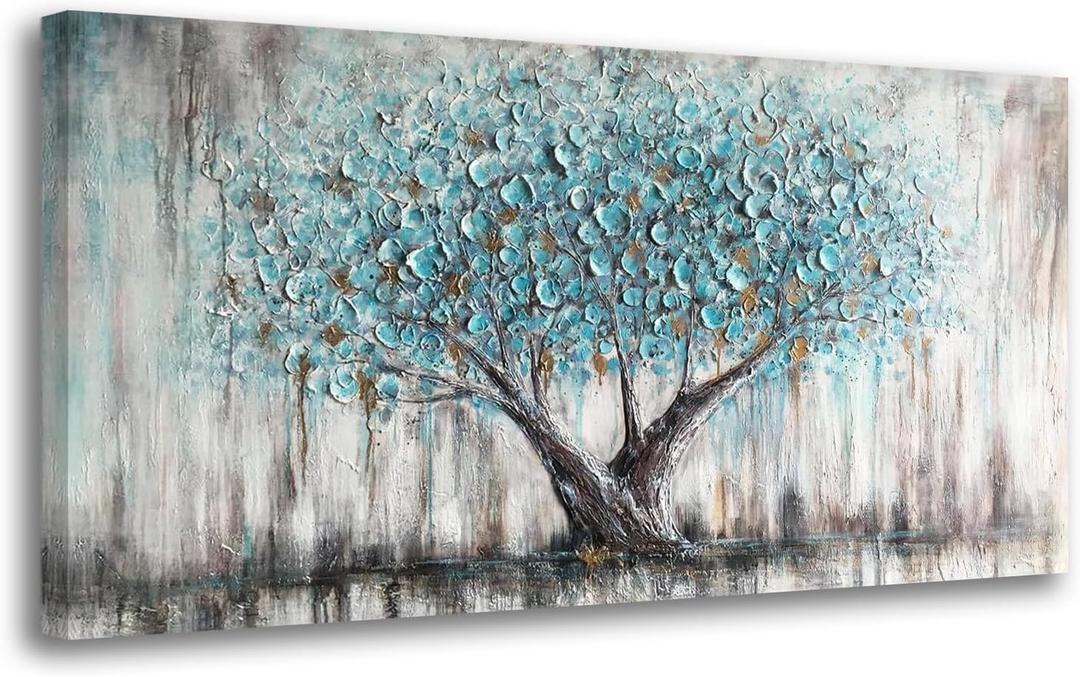 Arjun Tree Wall Art Teal Blue Nature Tree of Life Abstract Canvas Painting Textured Picture, Modern Large Panoramic Landscape Artwork Framed for Living Room Bedroom Bathroom Office Home Decor 40"x20" (40L" x 20W", Blue tree)