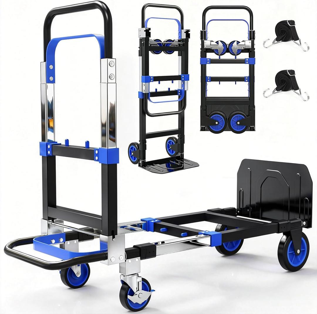 Yacona 3-in-1 Folding Hand Trucks, 500lbs Convertible Dolly, Dolly Cart with Wheels Heavy Duty, Moving Cart with Retractable Handle, Collapsible Trolley for Moving Office/Home/Warehouse/Boxes/Cartons (Blue)