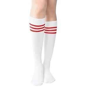 Nirohee Womens Tube Socks with Three Striped Soft Cotton Tube Socks, Fashionable Thigh High Socks for Women, Striped Knee High Socks Suitable for Entertainment and Sports White Red