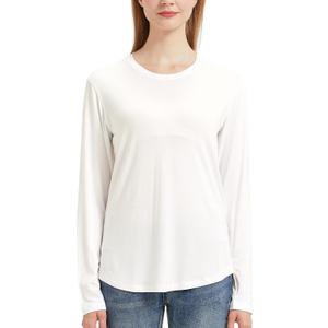 netdraw Women's Lightweight Bamboo Viscose T-Shirt Buttery Soft Curved Hem Long Sleeve Sleep Lounge Pajama Tops (White, S)