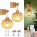 Wall Sconces Battery Operated Set of 2, Rechargeable Boho Wall Sconces with 8000mAh Bulbs, 3CCT+12RGB Dimmable Woven Bamboo Wall Light/Lamp Rattan Sconces for Bedroom Living Room