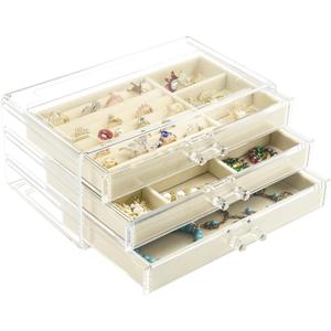 Weiai Acrylic Jewelry Box 3 Drawers, Velvet Jewellery Organizer, Earring Rings Necklaces Bracelets Display Case Gift for Women, Girls, Beige