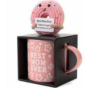 Mothers Day Gifts, Best Mom Ever Gifts for Mom from Daughter, Pink Floral Embossed Pattern Mother's Day Mug and Handmade Donut Crochet Gifts Set