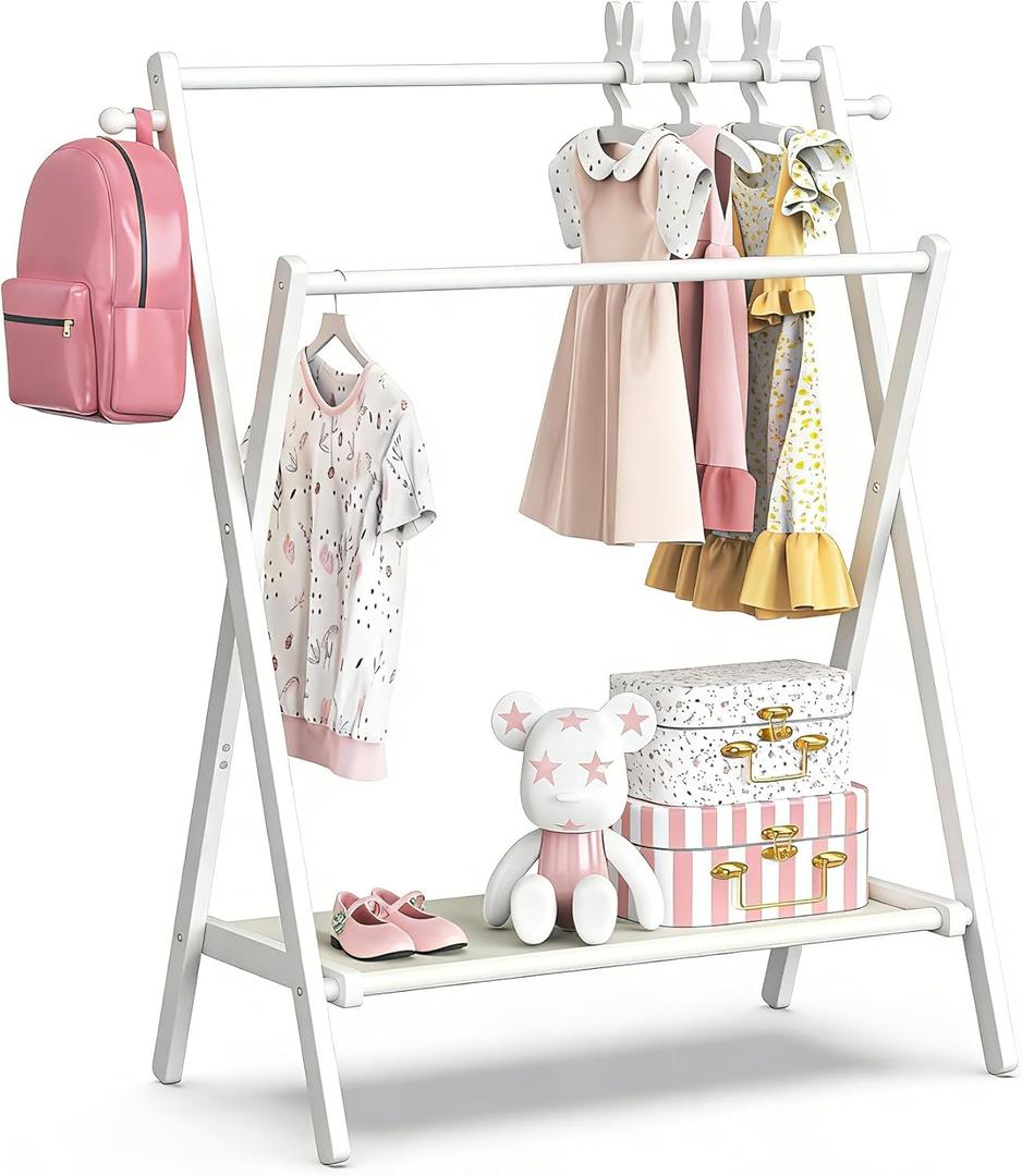 BAMBOOHOMIE Kids Clothing Rack, Small Clothes Rack for Toddler Pets, Kids Dress Up Rack with Storage Shelf & Double Rods, Foldable Kids Clothes Rack for Nursery Child's Room (Regular Size - White)