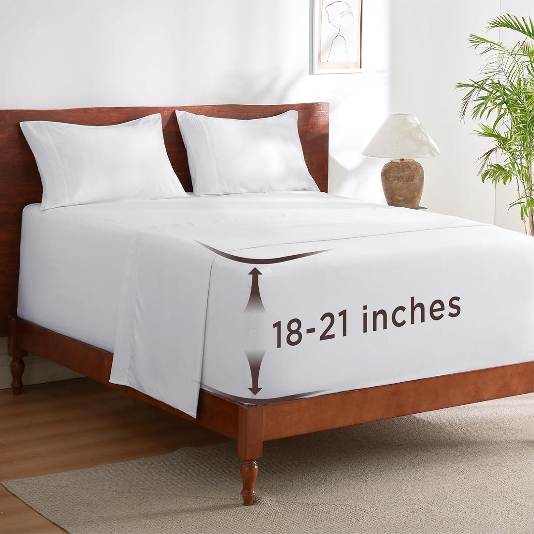 Bedsure Deep Pocket Queen Sheets Set - Fits Mattresses Up to 21 Inches Thick - 4 Piece GentleSoft Bed Sheets, Moisture Wicking, Soft & Cooling Bedsheet & Pillowcases, Easy & Secure Fit, White