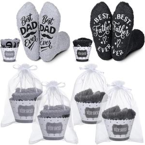 Cuffbow 4 Pairs Fathers Day Socks Fuzzy Cupcake Socks Gift Set Best Dad Ever Gift Funny Sock Gifts for Men Fluffy Slipper Sock with Greeting Cards Organza Bags