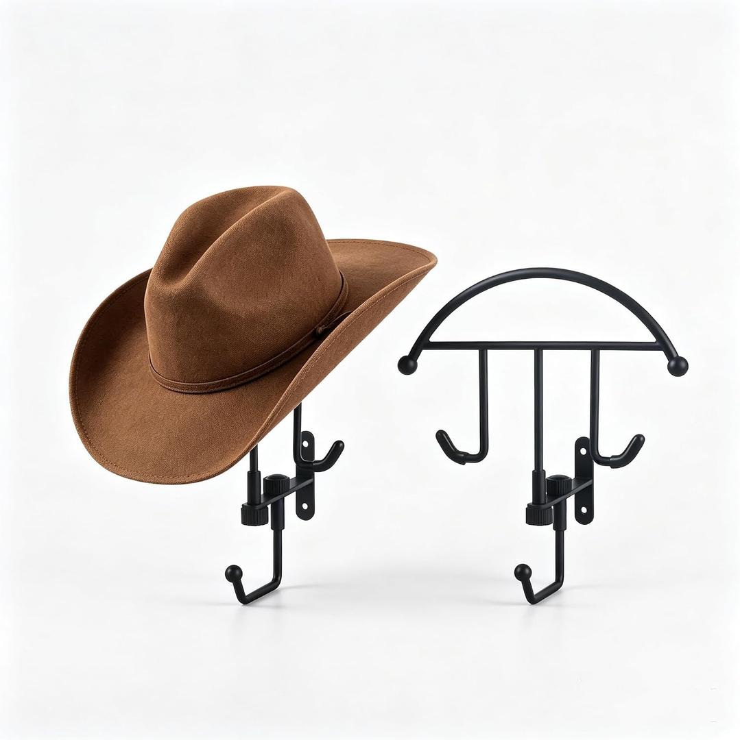 2 Pack Cowboy Hat Rack for Wall, Metal Western Hat Hanger with Hooks, Wall Mount Cowboy Hat Holder Organizer for Wide Brim Hats, Matte Black Hat Hook Rack for Entryway and Bedroom Decor