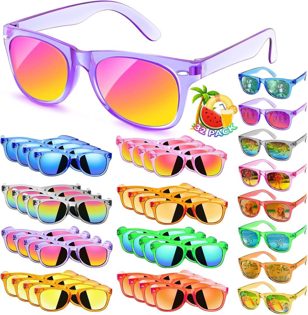 Kids Sunglasses Party Favors Bulk - 32Packs Goodie Bags Stuffers for Kids 3-8, Boys Girls Neon Sunglass with UV400 Protection for Kid Birthday Party, Pool Party Supplies, End of Year Student Gifts