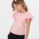 MIANZHI Girls Summer Shirts Kids Ruffle Sleeve T Shirts Crew Neck Casual Tops Cute Short Sleeve Tees Pink 5-14 Years