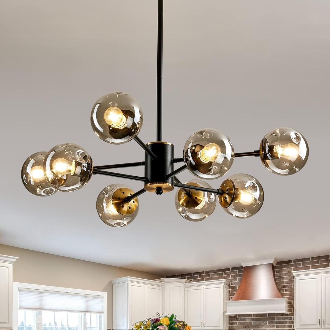 8-Light Glass Globe Sputnik Chandelier Matte Black and Gold Mid Century Modern Ceiling Light Fixture Adjustable Vintage Hanging Pendant Lighting for Dining Room Kitchen Bedroom Farmhouse