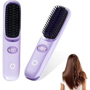 Go Brush Pro Portable Cordless Hair Straightener Brush for Travel, Fast Heating Straightening Comb with LCD Display & F/C Switch, Rechargeable Anti-Frizz Styling Tool for Smooth Shiny Hair (Purple)