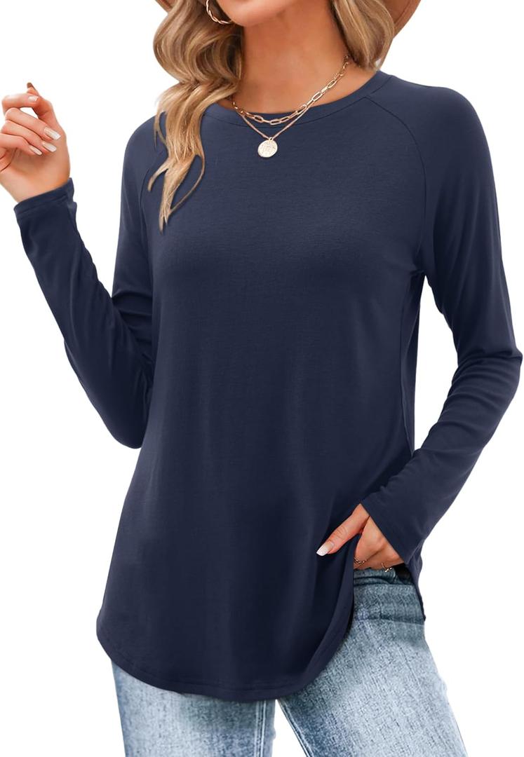 DittyandVibe Womens Tee Shirts Raglan Long Sleeve Crew Neck Tops Fall Casual Loose Tshirts Tunic Shirt (X-Large, Navy Blue)