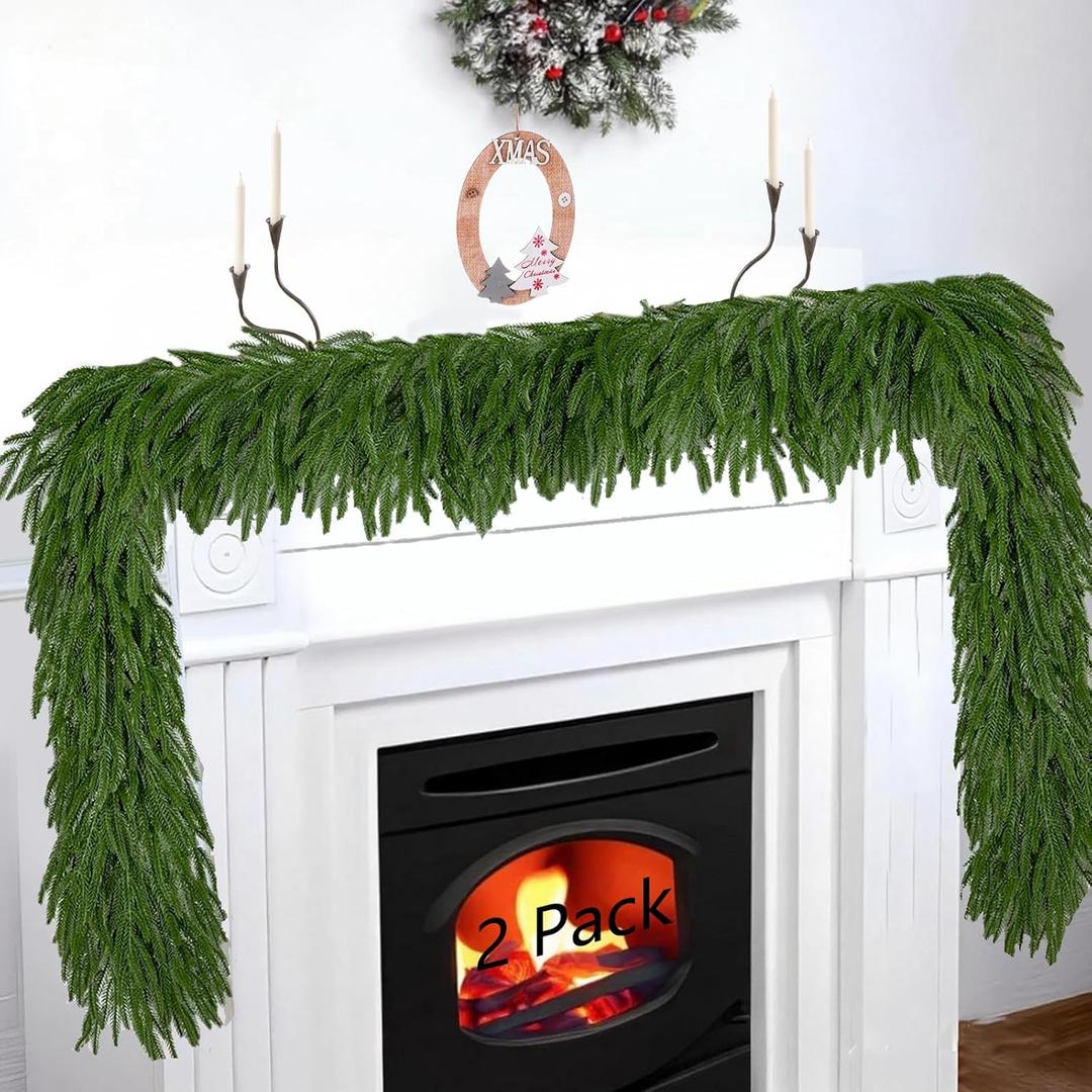 9FT Artificial Norfolk Pine Garlands for Christmas Decorations,Real Touch Winter Faux Greenery Garlands for Mantel Table Stair Fireplace Wall Holiday Indoor Outdoor Decor(2 Pack)