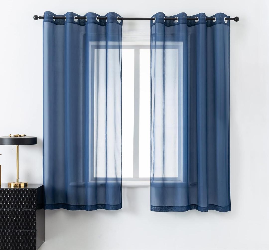 DUALIFE Navy Indigo Blue 54 Inches Sheer Curtains for Bathroom Small Windows with Grommet Semi Voile Drapes for Boys Room Kids Bedroom 52 x 54 Inch Length Set of 2 Panels Dark Blue