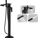 Matte Black Freestanding Waterfall Bathtub Faucet High Flow Standing Tub Filler Floor Mount Brass Stand Bathtub Filler Single Handle Bathroom Floor Mounted Tub Faucets with Handheld Shower