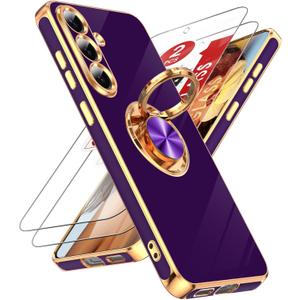 LeYi for Galaxy S25-FE Case: [   ] 2 Pack Tempered Glass Screen Protector and 360 Rotatable Ring Holder Magnetic Kickstand, Plating Rose Gold Edge for S25FE S 25 FE, Deep Purple