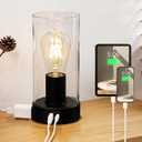 Shenmoyl Industrial Bedside Lamp with USB-A+C Charging Ports & AC Outlet, Small Touch Control Dimmable Table Lamp with Black Base Glass Shade for Bedroom, Nightstand, Dorm, Office, Desk